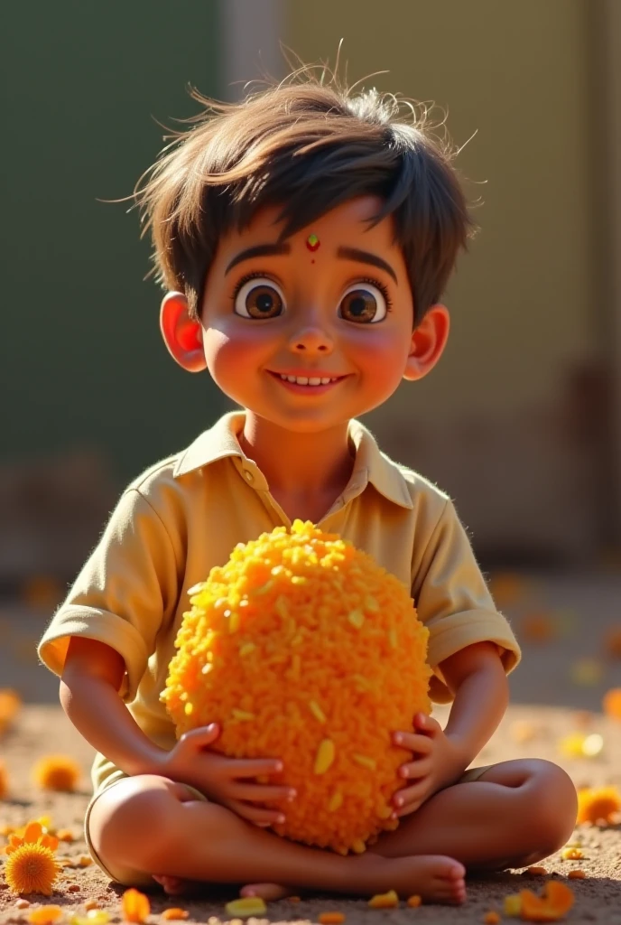 Young boy selling handmade white and yellow flower crowns one is on his head and one is in his hand. He is smiling/ laughing. He is a pakistani boy
