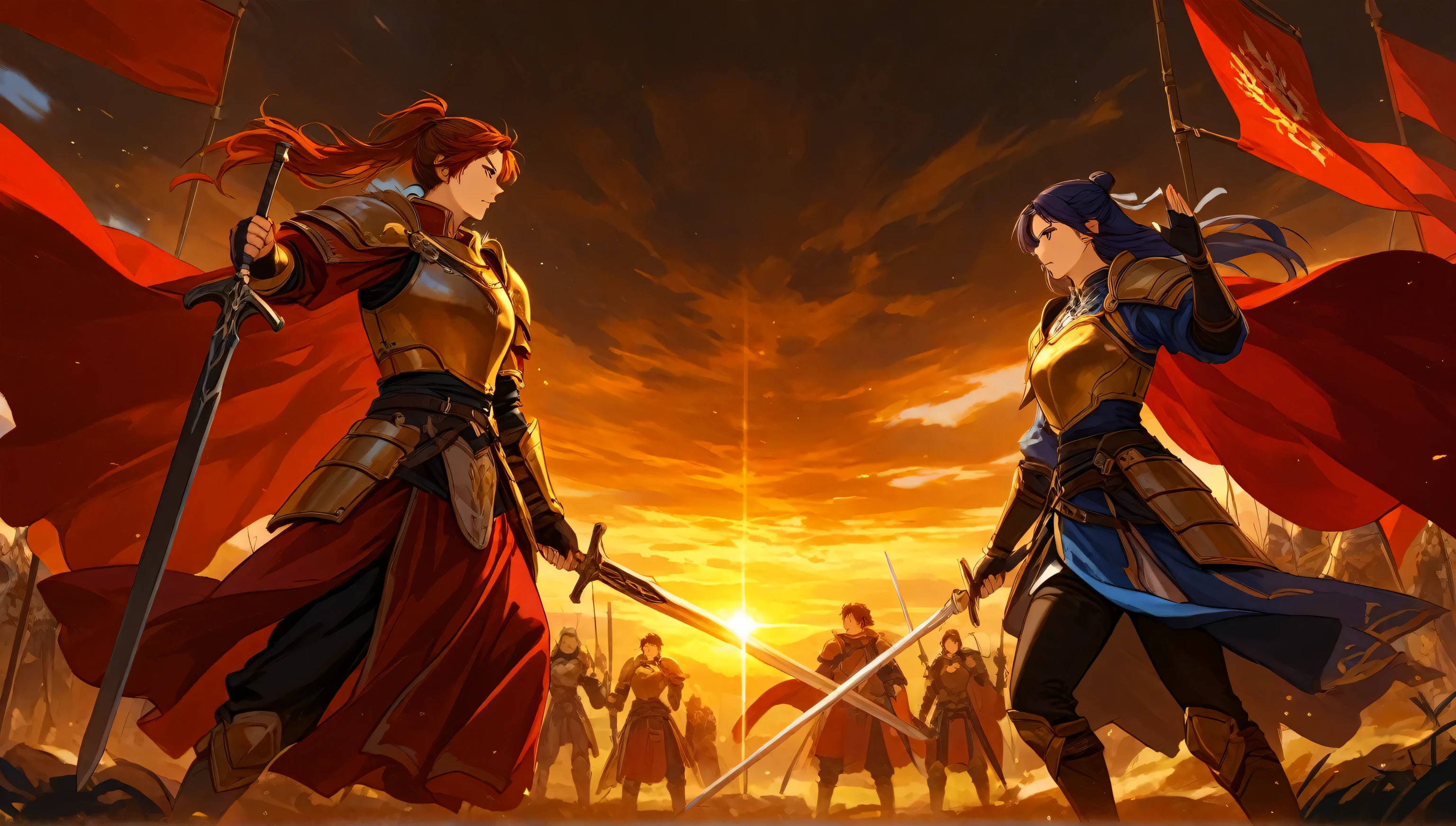 An epic cinematic battle scene featuring two ancient Chinese warriors engaged in a dramatic sword fight. One warrior wears red and gold armor with flowing capes, while the other wears blue and white traditional armor. The battlefield is filled with banners waving in the wind, and a golden sunset casts a dramatic glow over the dust-filled air. Highly detailed, dynamic composition, anime-inspired semi-realistic style, painterly lighting, fantasy historical setting."