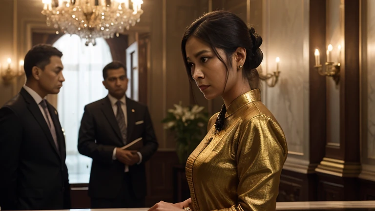 girl wearing green indian silky smooth dress , indian traditional hair style, surrounded by old japanese fat businessman putting their hands on her, her face expression naughty
