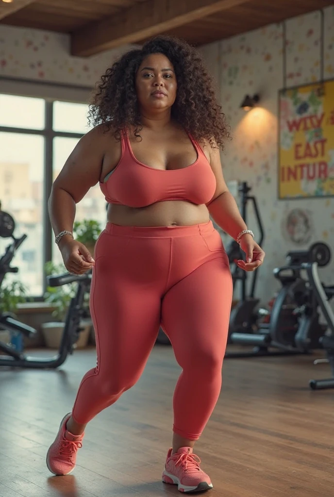 Overweight woman happy to be exercising at home