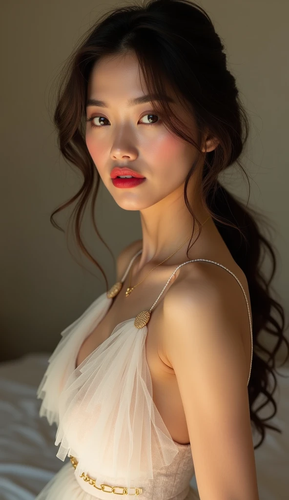best quality,masterpiece,ultra high resolution,(realism:1.4),original photo,1 girl,take off shoulders,in the dark night,deep shadow,low pitch,cold light,long white hair,broken into pieces,face highlight,pure,girly,,18 years old,Red spaghetti strap bra