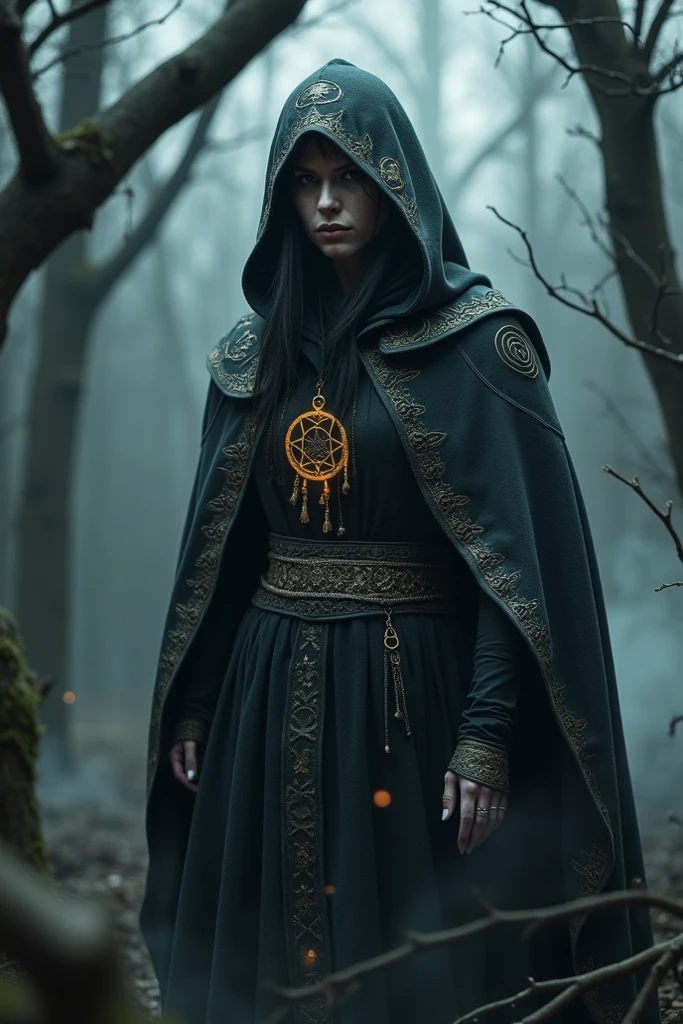 masterpiece, reality, 4k, (medium full shot) of (eerie necromancer) young woman, south african, dark skin, black eyes, full-figured build, short blonde  hair, wearing a black hooded cloak, blue floor-length robe with dark aura, platform boots with mystical engravings, black lipstick, intricate tattoos, bone earrings, set in  crypt, candlelit, shadows dancing, ancient sarcophagi, inscriptions on the walls, during a storm, woman smiling