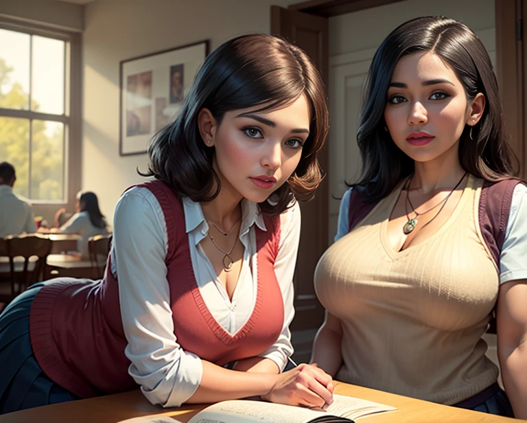 Uma avatar da Disney Pixar. The character is a 53-year-old white woman, 100 quilos fofa, sitting knitting wearing a dress with a gray apron, She has black hair tied in a ponytail and wears glasses hanging around her neck., in the background she is sitting on the chair, the senario in the women&#39;s beauty salon