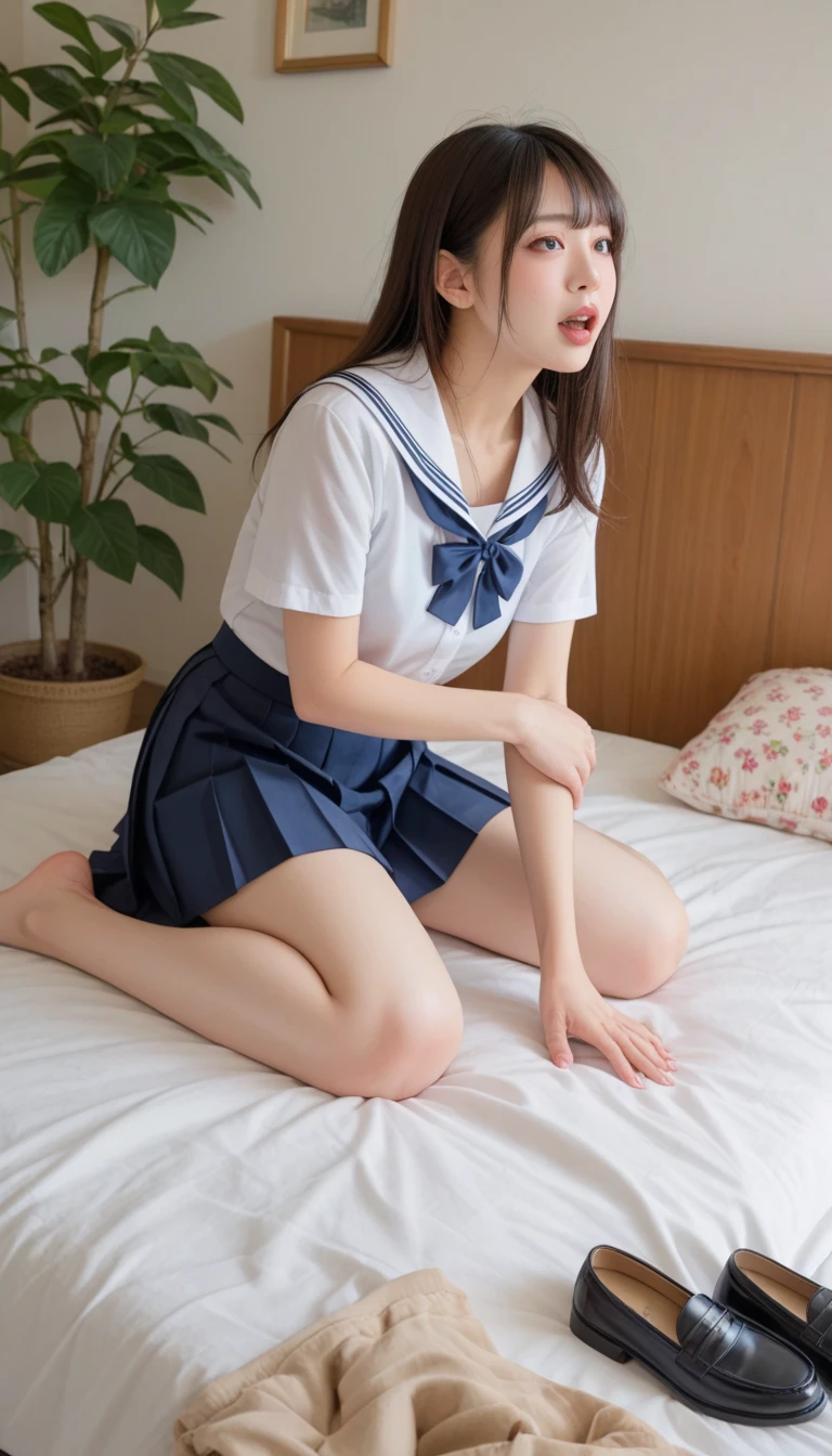 Japanese women　Black Hair　Long Hair　bed　In a sailor school uniform　Blindfolded, hands and feet tied with rope　Bird View　(Full Body:1.4)　Bright room　(White panties visible through the skirt:1.2)　Lie