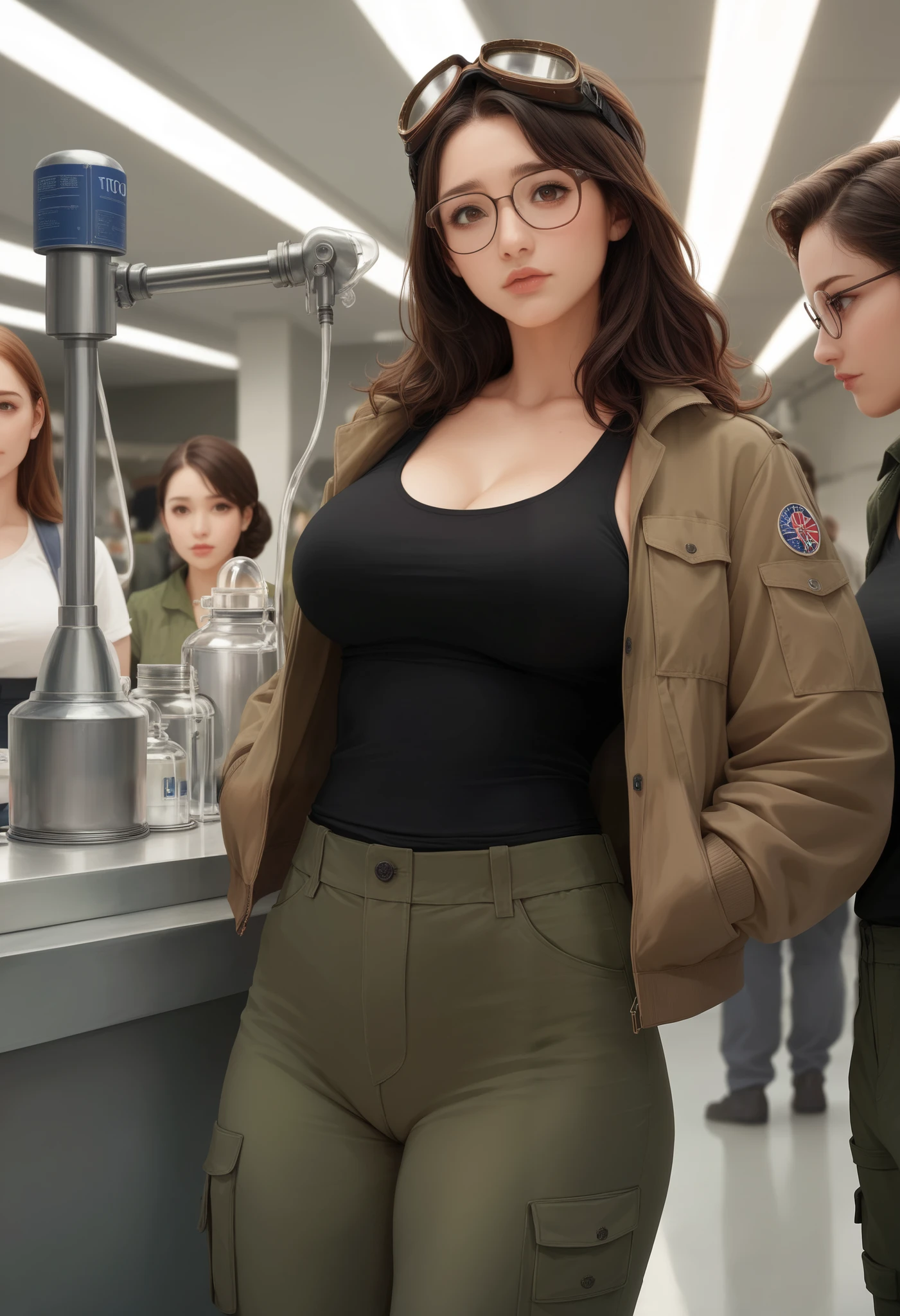 ((((masterpiece)))), (((( top quality)))), 8k,movie light,realistic texture,high image quality,fine grain, detailed face ,cute face,Alone,filling machine that divides Canadian,beautiful lips,with a well-groomed face, wore glasses,Dark brown hair,Hair gathered into small pieces,Tai Eyebrows,brown eyes,industrial workwear,work jacket, work pants,brown goggles ,black tank top,Big Breasts,I took off my pants, cargo pants ,Ironworks