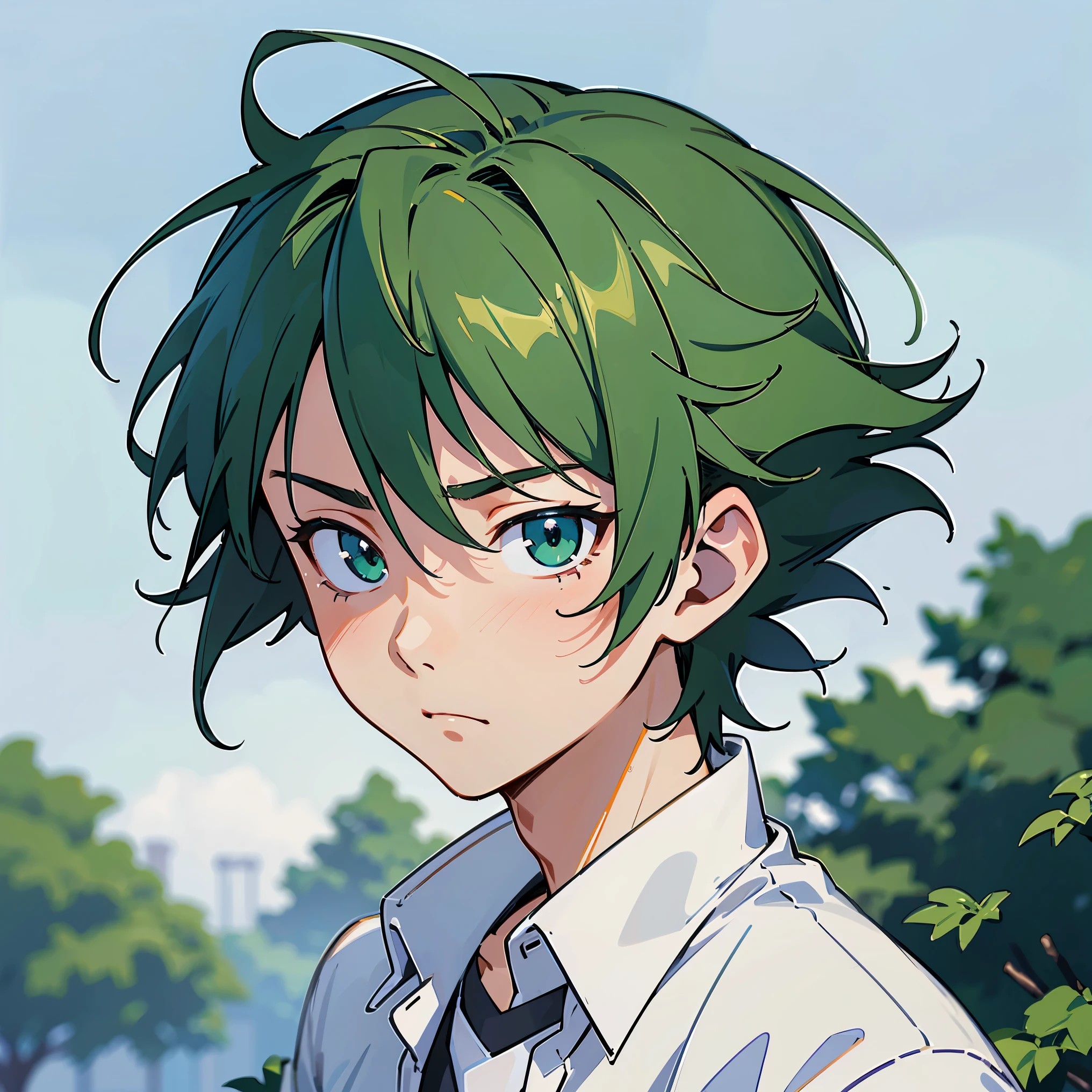 Anime boy with green hair and blue eyes in a white shirt - SeaArt AI