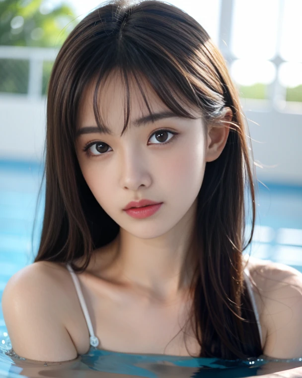 (Masterpiece, BestQuality:1.3), (ultra detailed:1.2), (hyperrealistic:1.3), (RAW photo:1.2),High detail RAW color photo, professional photograph, (Photorealistic:1.4), (realistic:1.4), ,professional lighting, (japanese), beautiful face, (realistic face), cute woman, (Brown Hair, Big Tits:1.5), (cheerful Smile:1.5), Trending Hair&Trending Hairカラーをランダムに, earrings, necklace, bracelet, sexly, erotic sexly, Random sexy gravure poses, (Beautiful woman in white bikini、Wearing sunglasses by the pool、Tempting Gaze、Let your hair down and relax、The bikini strings are completely removed。:1.3)