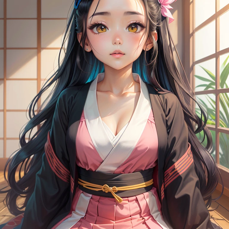 NSFW topless Completely naked Nezukokamado, Nezuko Kamado, Black Hair, (amount:1.5), Hair Ribbon, Long Hair, Multicolored Hair, (Pink Eyes:1.5), Orange Hair, elongated pupils, Wavy Hair, Two-tone hair, break asa no ha (pattern), checkered sash, Haori, kimono, kimono, Long sleeve, heart, pink kimono, sash, wariza, Wide sleeves, break looking at viewer, break indoors, break (masterpiece:1.2), Highest quality, High resolution, unity 8k wallpaper, (figure:0.8), (Beautiful attention to detail:1.6), Highly detailed face, Perfect lighting, Highly detailed CG, (Perfect hands, Perfect Anatomy),line pussy, pussy, medium breaths, picha, standing split
