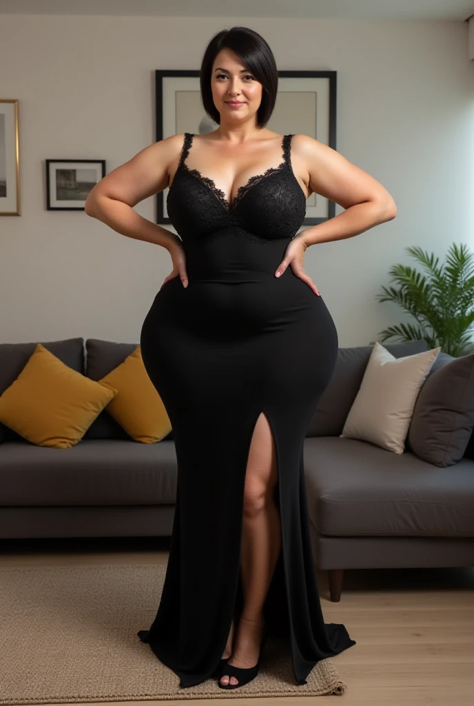 there is a woman standing in a room with a cell phone, plano amplo de corpo inteiro, complete view, corpo inteiro - foto frontal, vestindo terno preto, corpo inteiro com fantasia, wearing a black catsuit, vestindo um manto preto, foto de corpo inteiro, vestindo um terno preto, vestido todo de preto, tiro de corpo inteiro, vestindo roupas pretas