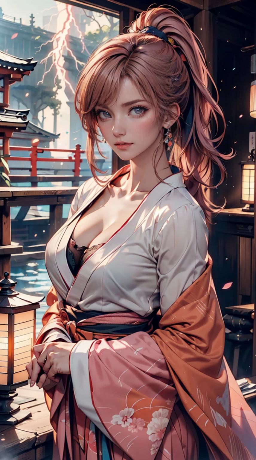 One person, (Urzan-6500:0.7), K-Pop Idols, yae miko, bikini, Removable sleeves, Exposing shoulders, Pink Hair, Long Hair, スーパーマイクロbikini, Highest quality, (Painting:1.5), (hair ornaments:1.35), jewelry, Purple eyes, Earrings, chest, torii, cherry blossoms, Lantern Light, Depth of written boundary, Detailed face, Face Focus, ribbon_trim, (View your viewers:1.25), Non-traditional Shrine Maiden, Glowing Skin, Long sleeve, smile, Thick lips, Game CG, Put your hand on your lips, East Asian architecture, (Blurred Background:1.2), Sitting, Upper Body, スーパーマイクロbikini
