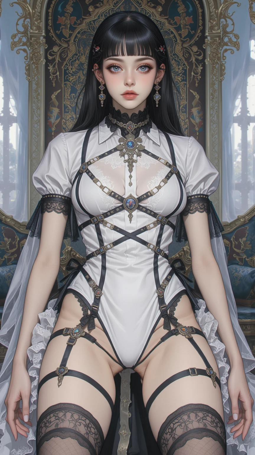 ((Highest quality)), ((masterpiece)), (detailed), One girl, sexy、((Nipple piercing))、Pierced earrings large ring、lingerie、View Viewer、Blushing、Shy、Many layers of eyes、Beautiful eyes、Simple stockings、Large nipples、(Full Body Tights)