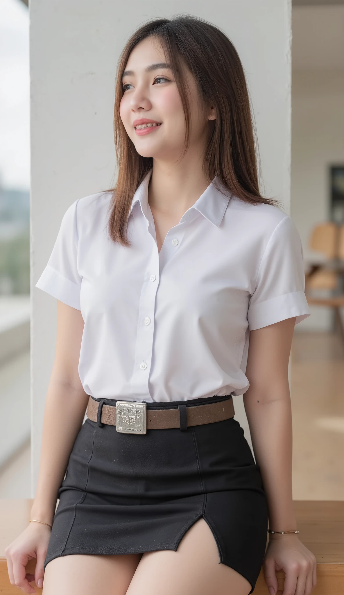 young Asian girl with brown stylish hair, cute smile, braces, slender, wearing a white short-sleeve blouse, her shirt tucked into a short black pencil skirt with side slit, suede dark brown with university rectangle silver emblem belt at her waist, simple bracelet, sexy sit pose, see muddy panties inside, random place in university, look away