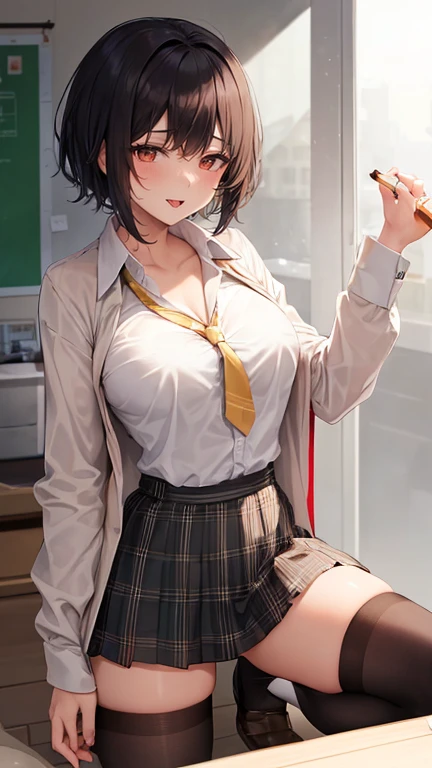 (masterpiece:1.2, highest quality), (Realistic, photoRealistic:1.4), Beautiful illustrations, (Natural Side Lighting, Cinema Lighting), Browsing Caution, 
View your viewers, Japanese, high school girl, Perfect Face, Cute and symmetrical face, Shiny skin, 
(short hair:1.5, Pixie Cut:1.4),Pin your bangs back, Red eyes, Long Eyelashes, (Large Breasts:0.6, Thick thighs), 
Beautiful Hair, Beautiful Face, Beautiful fine details, Beautiful clavicle, Beautiful body, Beautiful breasts, Beautiful thighs, Beautiful feet, Beautiful fingers, 
(Dark grey jacket), Smoke grey collared shirt, Dark grey pleated mini skirt, Black socks, Gray checked bow tie)), 
(Beautiful views),  wearing underwear, panties,  panties, loose socks, black hair, lifting clothes, herself lift, plaid skirt, kawaii, blush, a smile, (sweat), Physical education sitting, beauty legs, Schools