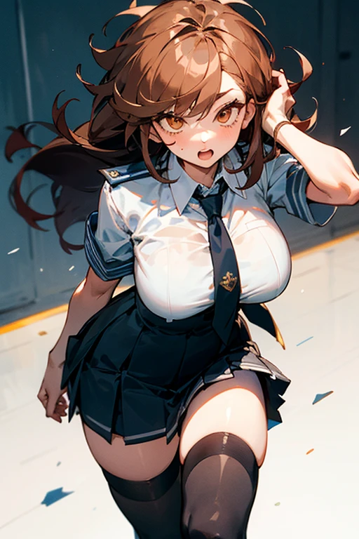 (nsfw:1.5),((table top, highest quality, High resolution, nffsw, perfect pixel,  4k, nffsw, nffsw))), 1 girl, single, alone, beautiful woman、I could see the whole body、 ((middle wave hair, bangs, brown hair)), ((brown eyes, beautiful eyelashes, realistic eyes)), ((detailed face, blush:1.2)), ((smooth texture:0.75, realistic texture:0.65, realistic:1.1, Anime CG style)), medium breasts, dynamic angle, perfect body,  ((red bow tie, , black jacket, open jacket, brown cardigan, white shirt, black skirt, plaid skirt)), city stairs、Looking up from the bottom of the stairs、Very embarrassing panic face, looked back、lean forward、(The wind flipped my skirt and exposed my butt.........................、touch your butt with both hands、Random color floral lace panties)、(sexual fluid overflowing:1.5)、Ahe face with open mouth、The strong man behind:1.5