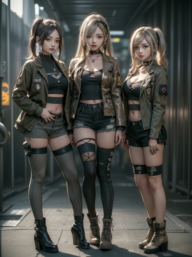 (Three Girls, 3 girls:1.5)、(Full Body View:1.3)、(Side view:1.2)、(Hostess:1.3)、(Smiling with teeth showing:1.3),(Shibuya Gal:1.5)、(Gothic gravure model:1.4)、(Data Fashion:1.5)、(Punk RockVisual Kei:1.4)、(A modern short jacket in dark grey and moss green.:1.5)、(Tattered brown and charcoal denim low rise cargo pants:1.5)、(Mustard Yellow Headband:1.3)、(Charcoal and khaki striped knee socks:1.4)、collar、(Brown platform long boots)、(Clothing with logo pattern:1.4)、20-year-old、Browsing Caution,((Highest quality、In 8K、masterpiece:1.3))、Sharp focus:1.2、(Layered Cut、Huge breasts:1.1),Beautiful woman with perfect figure:1.4、(Doing an aerobics pose:1.3)、Slim Abs:1.2、Butt、Highly detailed face and skin texture、Fine grain、double eyelid,(Twin tails:1.3)、(Brown-golden hair:1.3)、Obscene、Idol Sculpture、(The three of them are posing together in a cute way.:1.3)、(The scenery is a photo shoot for a gravure model with a modern design:1.3)、(Slimming your legs:1.4)、(The body is slim:1.3)、(clavicle:1.1)
