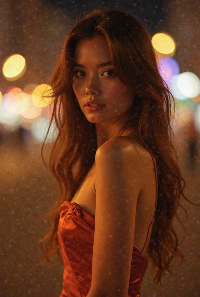 RAW uhd portrait photo of a 10 years old spanish girl, 10 years old body, brunette full body posed in lingerie walking down a dark alleyway, nighttime city background, (red sundress), (cleavage), detailed (textures!, hair!, shine, color!!, imperfections:1.1), highly detailed glossy eyes, head leaned back, (looking down at the camera), specular lighting, dslr, ultra quality, sharp focus, tack sharp, dof, film grain, (centered), Fujifilm XT3, crystal clear, center of frame, cute face, sharp focus, street lamp, neon lights, bokeh, (dimly lit), low key, at night, (night sky) detailed skin pores, oiled skin, tan, intricate eye detail, very deep cleavage