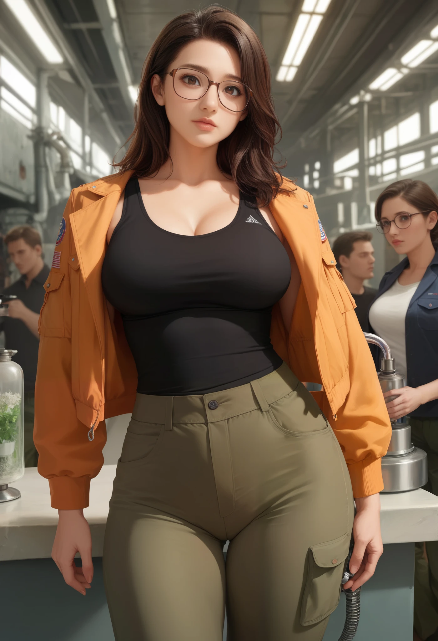 ((((masterpiece)))), (((( top quality)))), 8k, Movie Light ,REALISTIC TEXTURE,high image quality,fine grain, detailed face ,cute face,alone,filling machine to sort Canadian products,beautiful lips,with a neat face, Tayama Taichi who was wearing glasses ,dark brown hair,hair is finely organized,Tai Eyebrows,brown eyes,Industrial work clothes,work jacket, work pants,brown goggles ,black tank top,Big Breasts,I took off my pants, cargo pants ,Ironworks