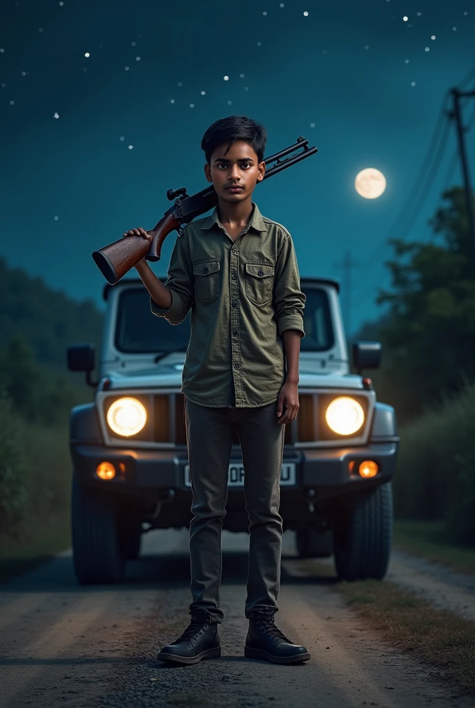Make a hyper Realistic image a 1 boy stand on the road, the character wearing blue jaket and jeans pent , yogesh rathor name on the jaket, moon in the sky, the background is a pubg, car on the road, helicopter in the sky, the character holding m416 gum, and bage