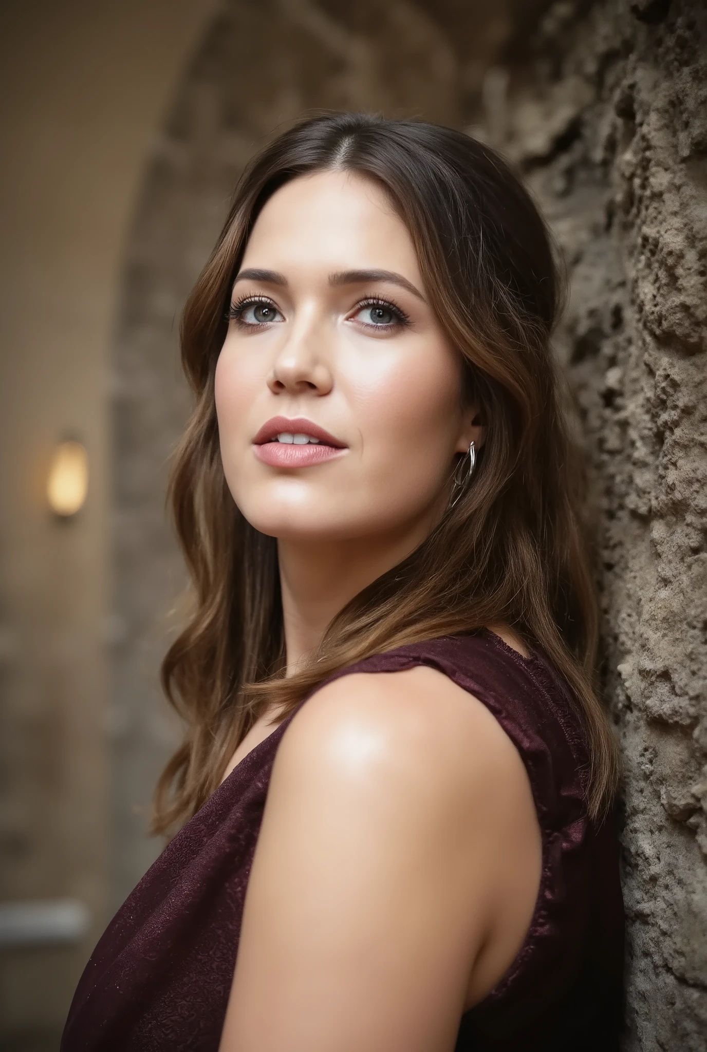 best quality, highres, 8k, masterpiece, photography, detailed midbody photorealistic portrait. Mandy Moore exudes dark glamour in a deep purple leather teddy with a plunging neckline, floral lace paneling, and a strappy open-back design. A delicate black lace cape drapes from her shoulders, flowing as she leans against the gothic stone walls of Prague Castle under the glow of antique street lamps. Her chestnut-brown hair is swept into a sleek chignon, highlighting her bold plum lips and smoky amethyst eyeshadow. She accessorizes with silver filigree rings and thigh-high lace stockings. 40 years old, (real skin texture: 1.3), (slender figure: 1.1), six-pack abs, (Immersive Ambience, Chiaroscuro: 1.5, Dim Light: 1.1, Neon Lighting), (Bokeh: 1.5), Blurred, high contrast, (Fuji colours: 1.5), film grain