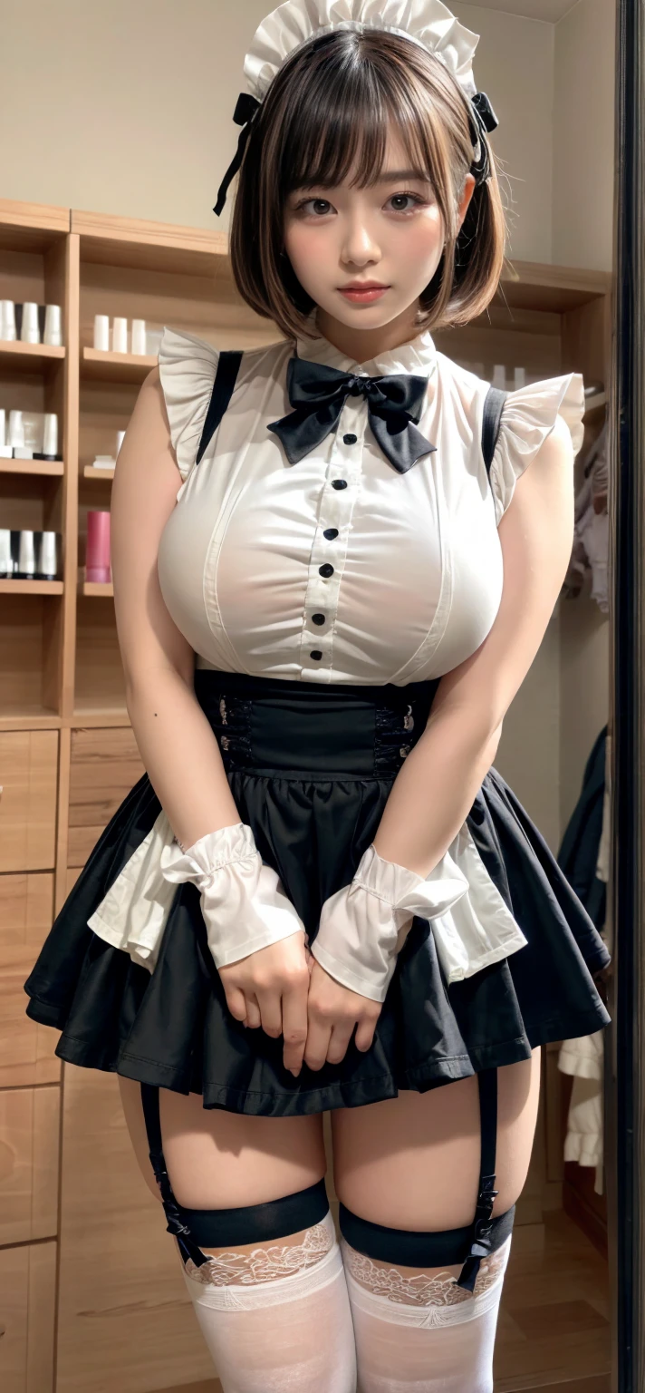 ((highest quality)), ((masterpiece)), (Very detailed、8k), （Japanese female maid clerk:1.2）、 Perfect Face、seductive smile、Solid makeup、Gentle lighting、
 ((Full Body Shot:1.2)),  （with Bow tie、Maid uniform with all the buttons fastened:1.4), (Huge breasts:1.2),large chest with presence、thick, Curvy,(Front oblique angle:1.5),Standing next to a restaurant table at night、（Tight waist:1.2）、（Toned Legs:1.2）、（Light　Brown　hair、hair　Behind　ear）、doyago、Pixie Cut,Place your hands on your chest