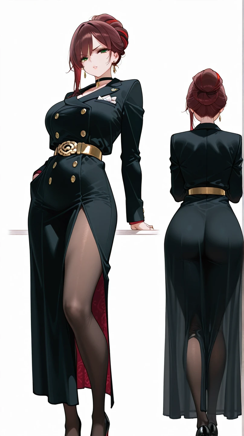 1girl, solo, jolyne, green eyes, lips, gagged mouth, looking at viewer, halterneck, simple background, full body, short hair, massive breasts, high heels, satin blouse, pencil skirt