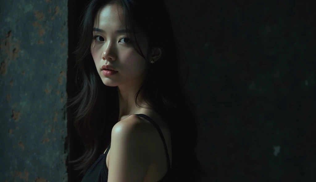 best quality, Masterpiece, Ultra high resolution, (realistic:1.5), raw photos, 1 girl,, in the dark, deep shadow, low voice, cool light, sexy look, long straight hair, smooth ,not wearing clothes , sexy, good silk , leaf shadow, sheer