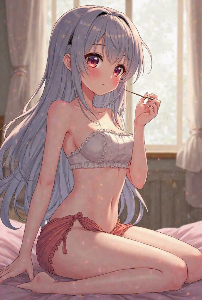14 Years Old Girl, small  boobs, White lingerie, sexy, flaco, Cintura diminuta, caderas grandes, semidesnudo, cabello negro, perfecto, llanto, bashful, sonrojarse, en sus cuatro patas