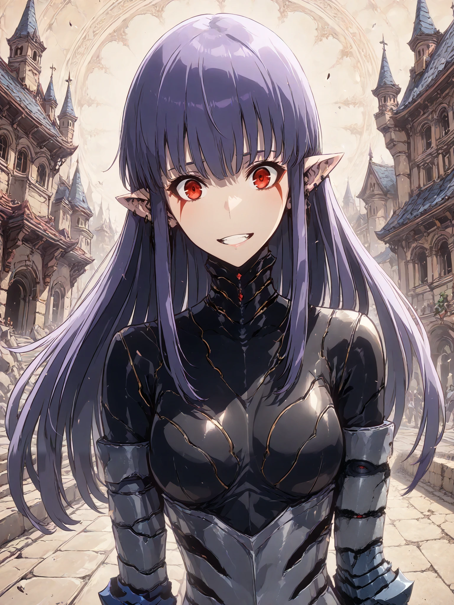 1girl, solo, esil radiru, beautiful, extremely happy, smiling wide, slender body, medium breasts, crimson eyes, highly detailed eyes, expressive eyes, natural eye shape, iris with visible details, anatomically correct, super detailed, high details, intricate details, accurate, dynamic angle, dynamic poses, highres, absurdres, (masterpiece:1.5), (best quality:1.2), amazing quality, 4k, demon castle, plaza, main square, posh background, rich background, elegant background, medieval background, ornate background