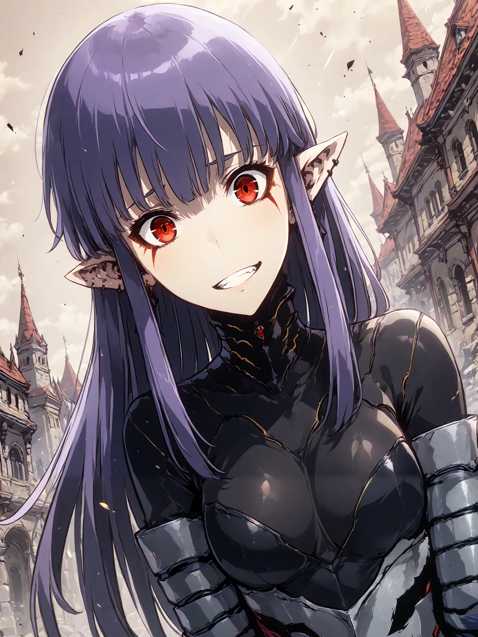 1girl, solo, esil radiru, beautiful, extremely happy, smiling wide, slender body, medium breasts, crimson eyes, highly detailed eyes, expressive eyes, natural eye shape, iris with visible details, anatomically correct, super detailed, high details, intricate details, accurate, dynamic angle, dynamic poses, highres, absurdres, (masterpiece:1.5), (best quality:1.2), amazing quality, 4k, demon castle, plaza, main square, posh background, rich background, elegant background, medieval background, ornate background