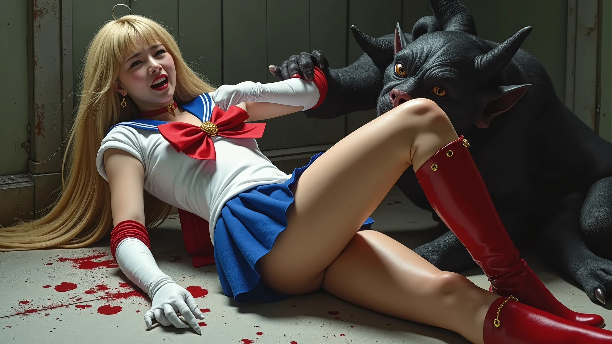 (masterpiece, Ultra High Resolution, 16 K, absurdness quality:1.3), 1girl in, (realistic pictures of Sailor Mars:1.4 Beautiful woman:1.15, ultra detailed face:1.1), Perfect eyes, Natural huge tits:1.55, Realistic nipple:1.15, (tiara:1.2, Sailor Uniform:1.1, White Gloves:1.1, Red sailor color:1.15, Red skirt:1.1, Red high heels, elbow groves:1.1, Pleated skirt, Bare legs, Purple Ribbon:1.1), (Lie down and spread your legs to the viewer:1.2, yawn and closed eyes:1.35), (Interior of a realistic abandoned building:1.1, Dark atmosphere:1.75), (Overhead view:1.1), Perfect Lighting, (insert huge penis into her vagina:1.4, A large amount of realistic sperm is overflowing from her vagina:1.4),