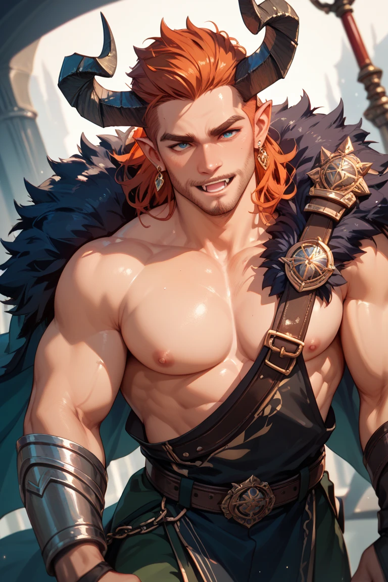 Anime style,sexual,horny,very muscular wild teenager,Satyr,full height,veiny massive muscles, very long ginger hair,freckles on body and face,green eyes,defined muscles,wet body with sweat, very tan skin,sharp focus, young teenager, friendly, scars and tatoo, piercing,angel wings, stands tall
