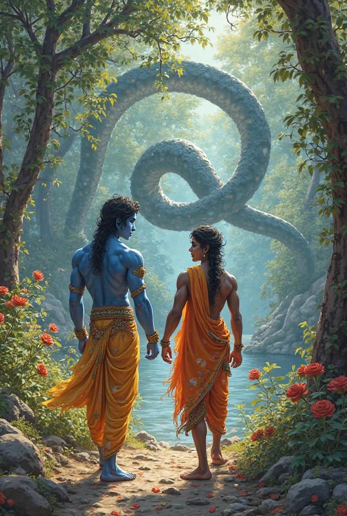 Blue skin,dreadlock hair,black snake on neck, male Lord Shiva ,slender,body surrounded by dark blue ocean and large very big snake nagraj in that looking in camera
