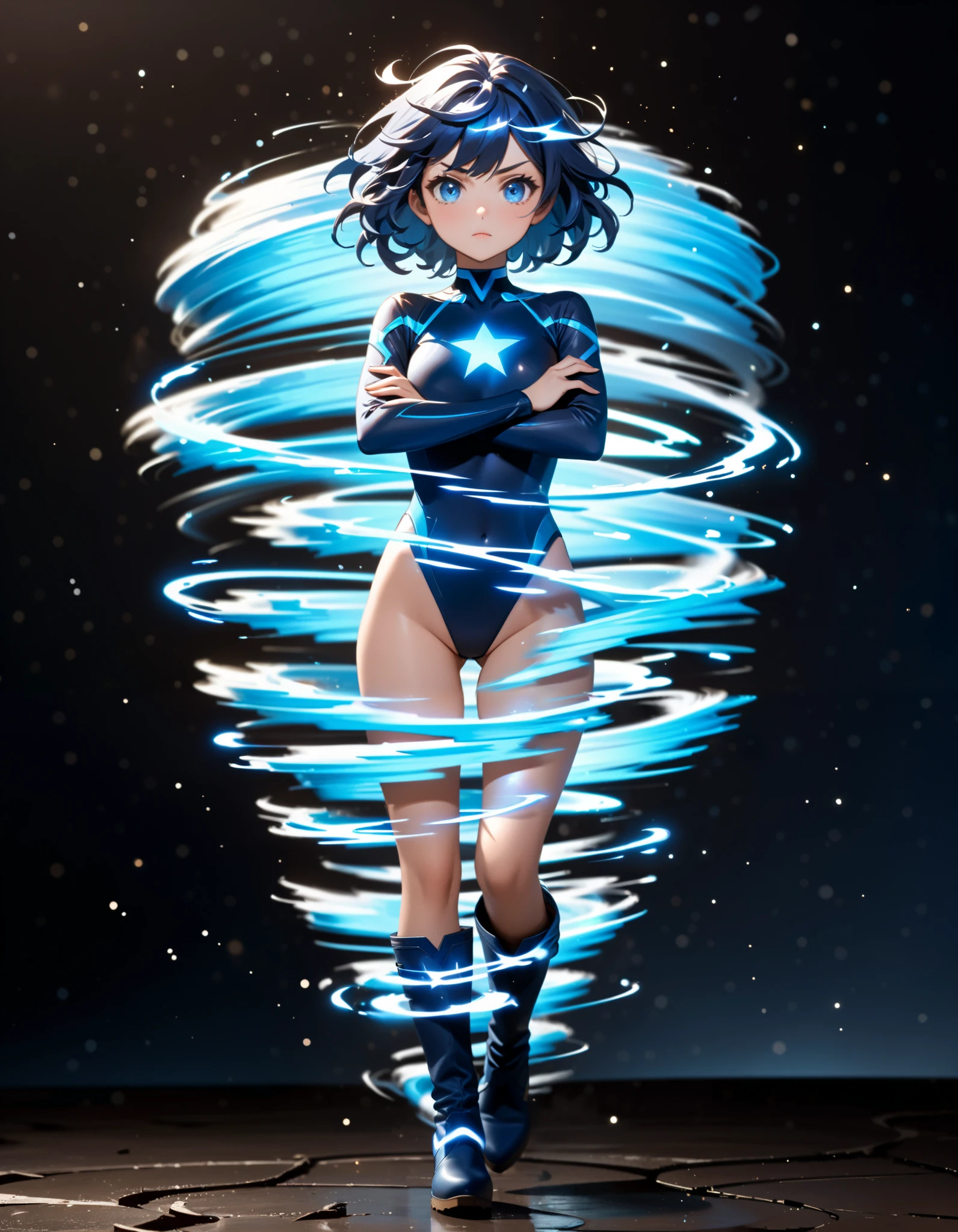 masterpiece, best quality, 1girl, superhero, ((leotard, dark blue leotard)), long sleeves, bare legs, boots, dark blue boots, matching boots, medium breasts, diffraction spikes, light particles, standing, standing straight, dark blue hair, ((short hair, bob hair)), blue eyes, beautiful detailed eyes, beautiful detailed face, cute face, (perfect hands, complete fingers, perfect anatomy, perfect proportions), heroic, ((star symbol on the chest)), serious, full body with costume, full body, cowboy shot, ((raised arms, spins fast in place like a tornado, she spins at an incredible speed, creating a whirlwind of air around her, cyclone spinning)), ((spiral lines, spinning energy pulse around her)).