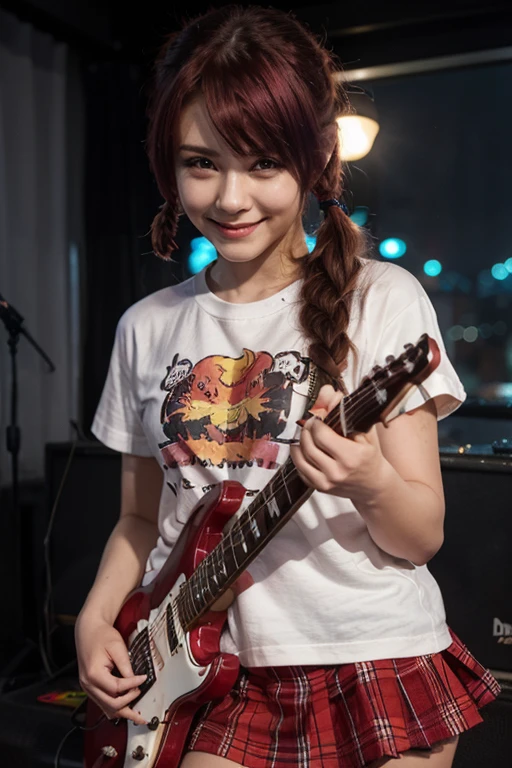 A cool anime girl with maroon hair in one pigtail with a cool smile is playing a dark red maple electric guitar. She is wearing a maroon t-shirt and a red gingham skirt with a night stage background decorated with phoenixes and maroon spotlights.