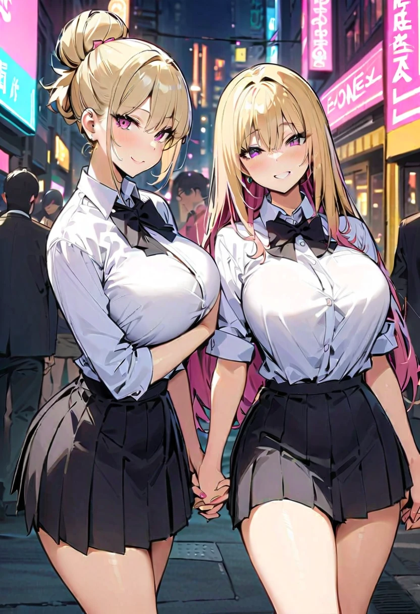 Cyberpunk City, Street, Night, neon light, neon sign, masterpiece, best quality, highres, JK,huge tit,1girl,standing_split, (Black Pantyhose:1.3),black bow,black bowtie,blonde hair,bow,bowtie,breasts,hair bun,holding hands,interlocked fingers,long hair,looking at viewer,multiple girls,pink hair,pleated skirt,shirt tucked in,short hair,skirt,smile,tented shirt