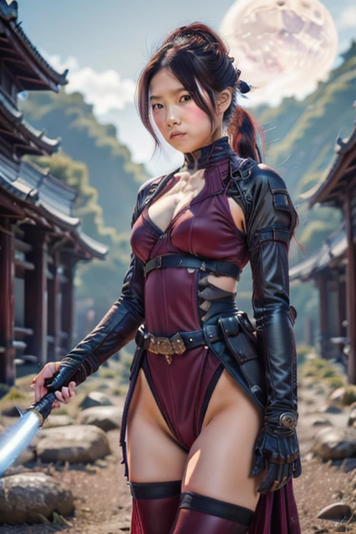 (Best quality, 8K, 32K, masutepiece, The TDR:1.2), rival 2girls, longshot、fullllbody、Game screen、beautiy Japanese woman, narrowwaist, Kunoichi, Heavily wet and see-through clothes、Fight face to face, Open jacket, ninjas, random breast, Detailed face, Wet long ponytail,have ninja sword、intense action、River in the mountains、Heavy splashes