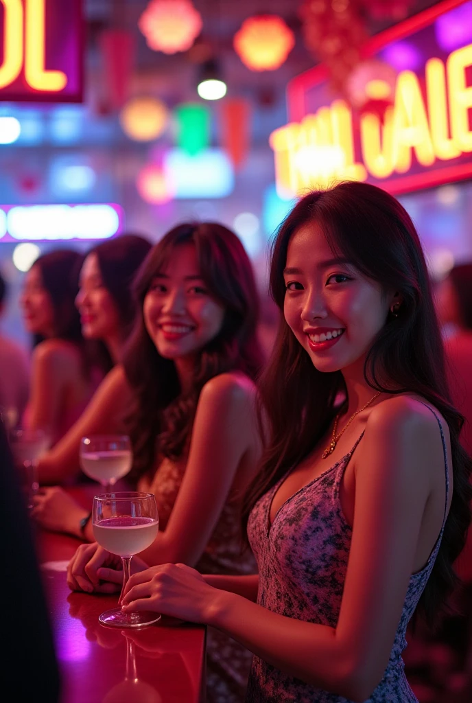 A beautiful asian women, long straight black hair, big breast, big breasts , big tits , busty, big chest,double eyelids, beautiful face, hd, realistic detailed, wearing a sexy dress selfie, inside the club, selfie with her best friends, girlfriends, friends, Selfie with best friends