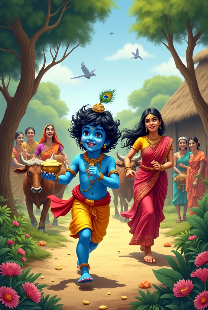 माखन चोरी की लीला। बालकृष्ण, गोपियों के घरों में जाकर माखन चुरा लेते थे