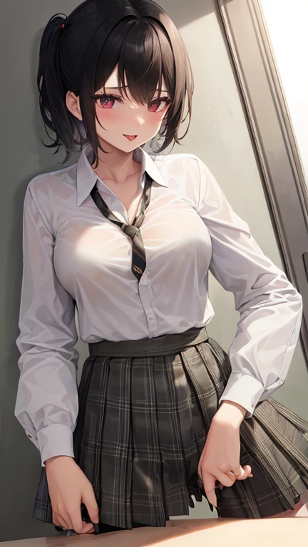 (SFW), (obra maestra:1.2), mejor calidad, obra maestra, high resolution, original, fondo de pantalla extremadamente detallado, (ultra detallado), (best illustration), (mejor sombra), (Kobeni), Pechos grandes, pechos turgentes, (camisa de cuello blanco), (mancha de sangre:1.1), (horrorizado:1.2), (corbata negra), (mancha de camisa), (manchado), 1 chica, mirando al espectador, (asustado:1.2), (tears:1.1), (Brown eyes), (Signo de la paz), ((tetona)), (rubor), diafragma,