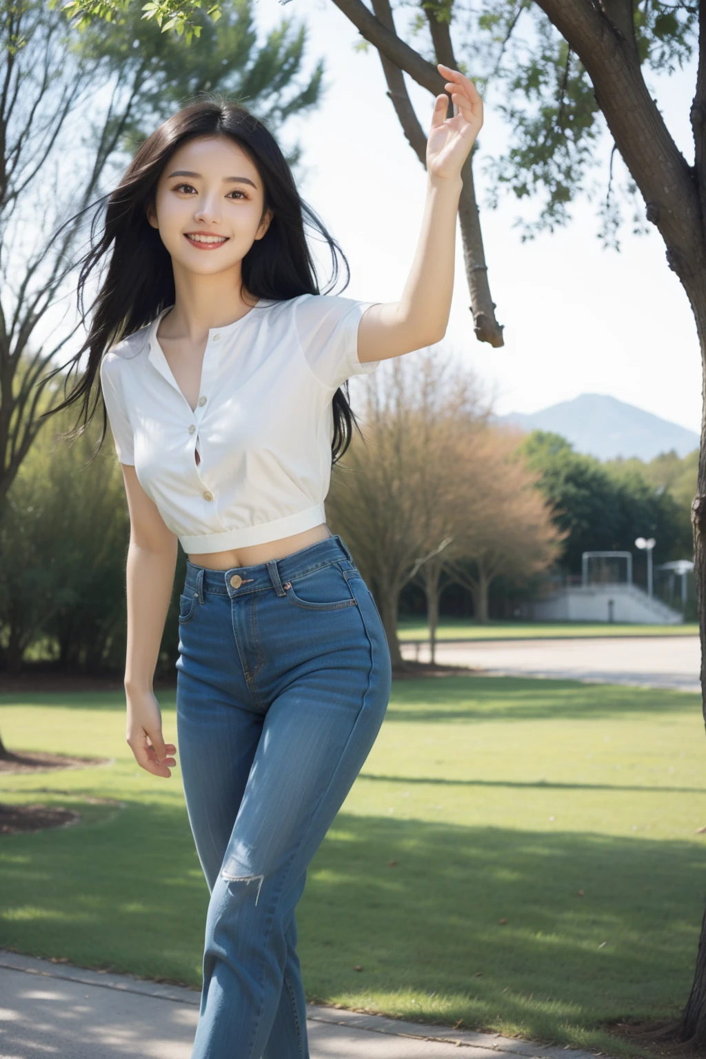 ((Best picture quality, 8K, tmasterpiece:1.3)),((1个Giant Breast Girl)),A small braid,Ultra-fine face,A detailed eye,ssmile,Small chest,Slender abs,Legs are very thin and long,The butt is upturned,((Yellow T-shirt,Black skinny jeans,Black leather shoes,Green wheat field in background)),