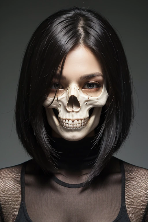 Half of a face with hyperpop type Asian features and the other half metal skull type