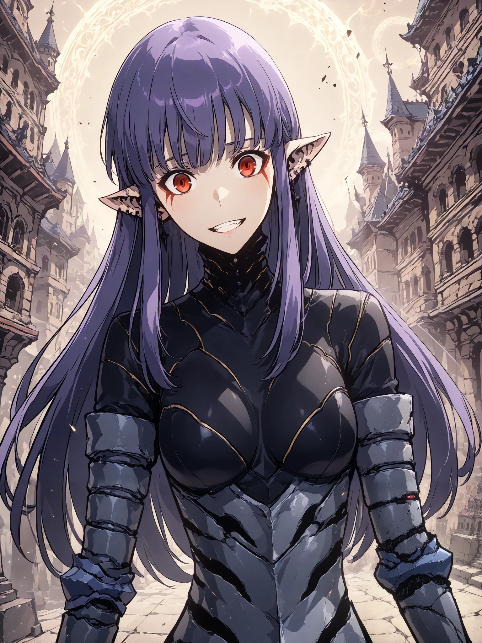 1girl, solo, esil radiru, beautiful, extremely happy, overjoyed, smiling wide, slender body, medium breasts, crimson eyes, highly detailed eyes, expressive eyes, natural eye shape, iris with visible details, anatomically correct, super detailed, high details, intricate details, accurate, dynamic angle, dynamic poses, highres, absurdres, (masterpiece:1.5), (best quality:1.2), amazing quality, 4k, demon castle, plaza, main square, posh background, rich background, elegant background, medieval background, ornate background