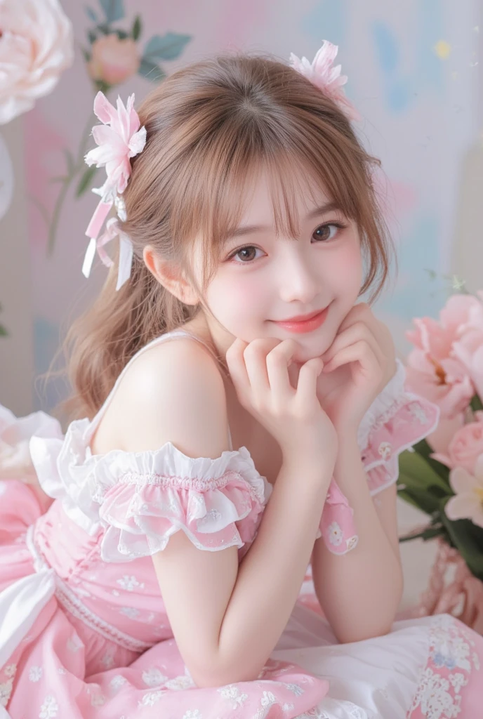 masterpiece, top-quality, hight resolution, photographrealistic, 独奏, middlebreasts, portraitures, Big brown eyes, Black hair, Detailed clothing, a miniskirt, tshirts, cute little, 年轻, Lying Pose, Very long hair, Cute smile, looking at the viewers, (14years), Indoor,Rose petals in the background,Pale pink rose hair ornament,Pink rose jewelry,