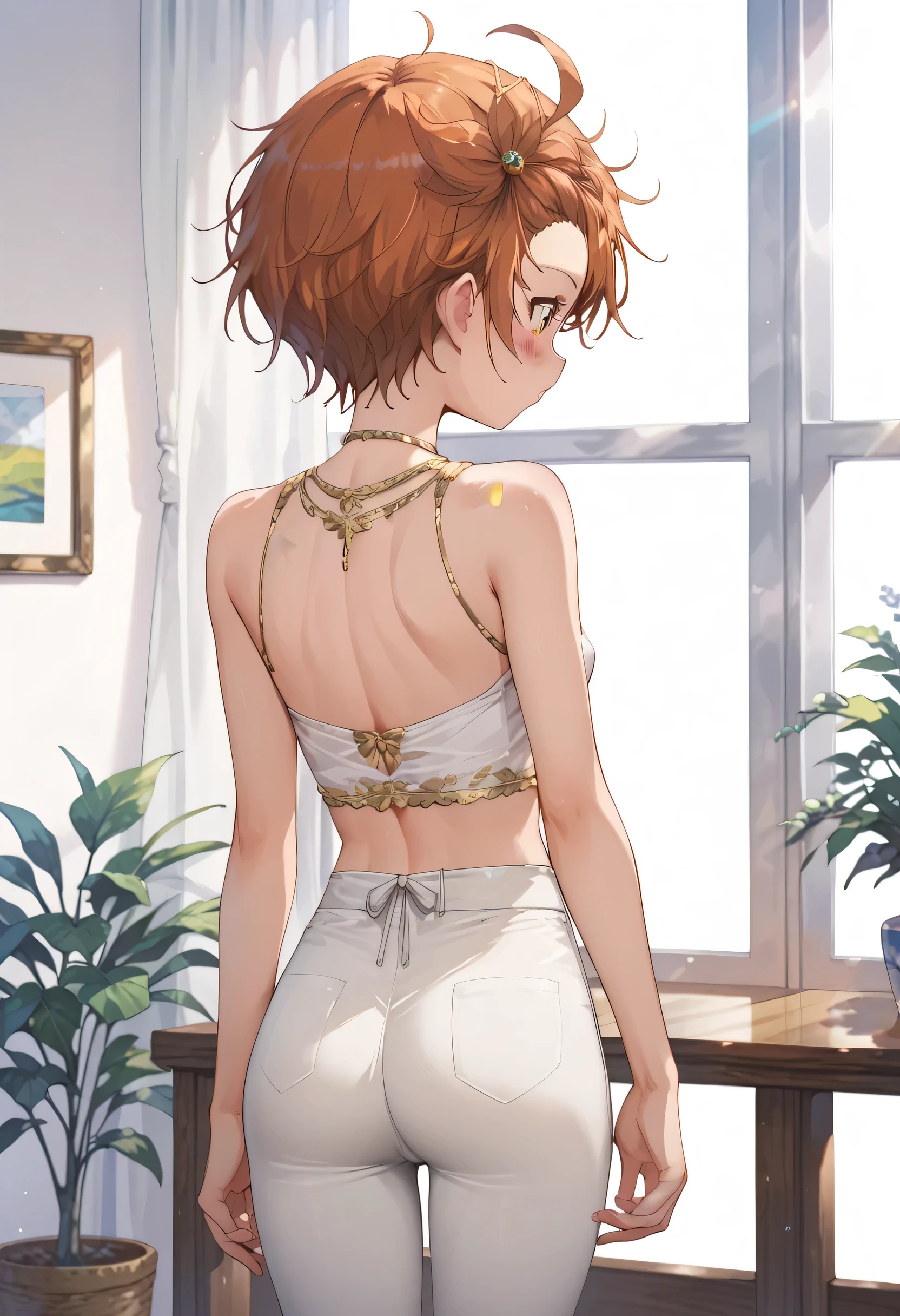 An image of Inori Yuitsuka blushing, flat breasts and a thin waist., sleeveless blouse and tight pants standing in a room, Back view