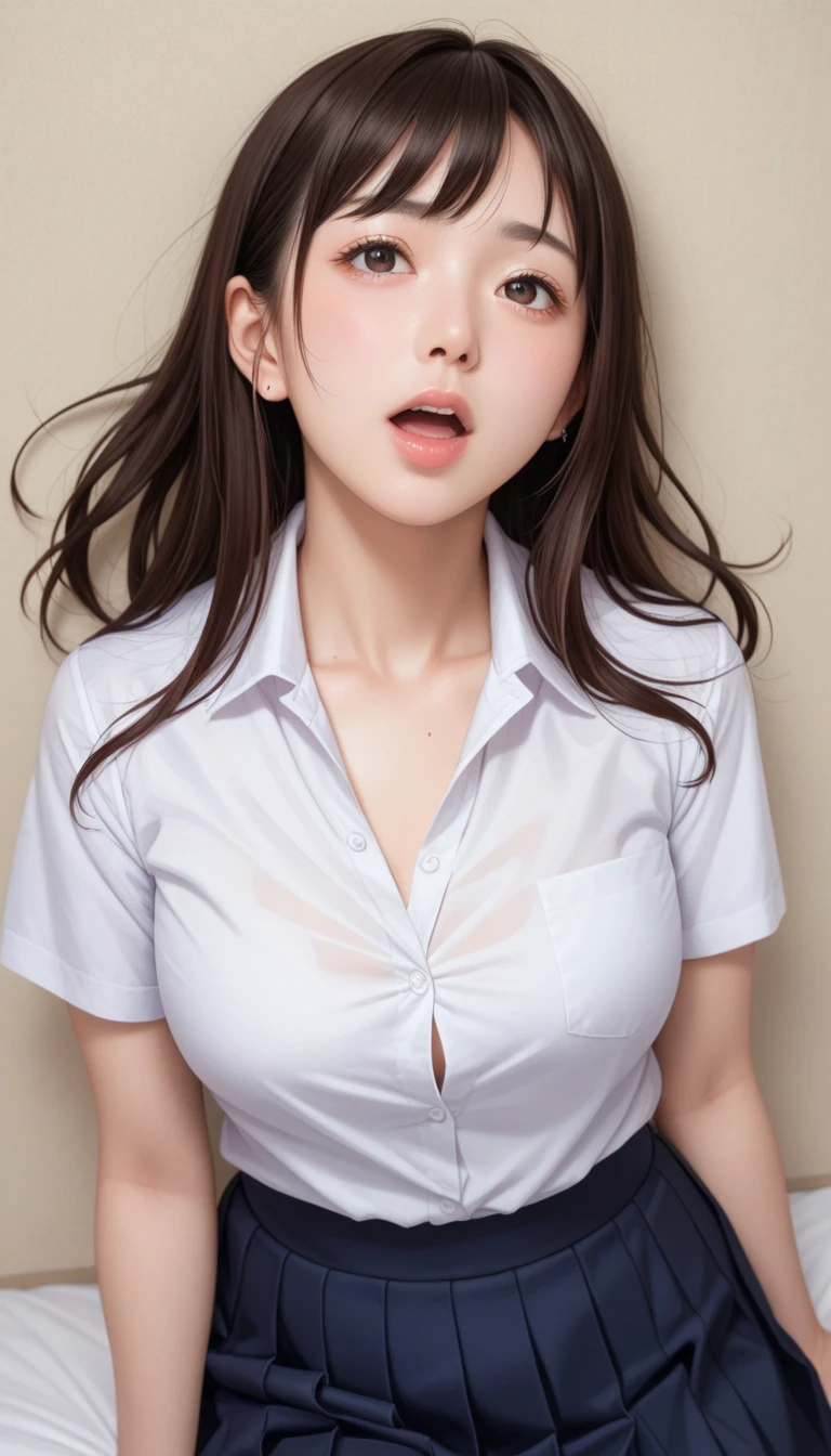 8K quality、High definition、Realistic skin texture、High definitionの瞳、、Blowjobする女、Brown long hair、、A neat and tidy blouse dress made of thin fabric、Dignified face、slender、Model Body Type、Flip-up skirt、Realistic female genitalia、Deep and realistic penis swallowing、Blowjob、Deep Throat、Semen-covered body、Put the penis in your mouth all the way to the base、Shooting from the side