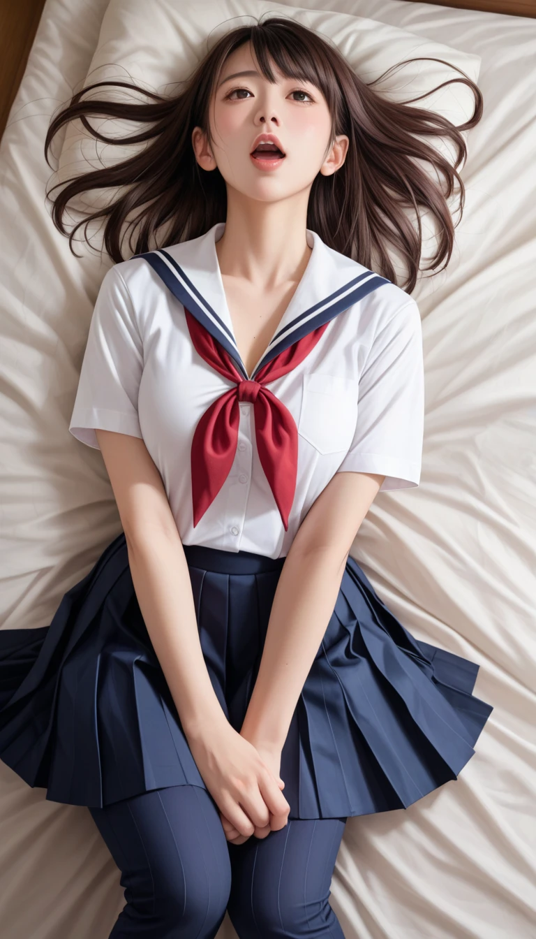 ((highest quality, 8k, masterpiece:1.3, Realistic:1.3)), {{Lying in bed, From above, dakimakura}}, Very stylish Japanese high school girl, Single woman, very light brown hair, With bangs, (Japanese Uniform, socks, Thick thighs,cotton side string thongs), Highly detailed face and skin texture, Beautiful Eyes, Lip details, rocket big breasts、The hair is very well drawn, Facing the children, In the heat, Embarrassed look, Natural Makeup:1.0,Skirt flip,pantyhose,skirtlift,highleg panties,