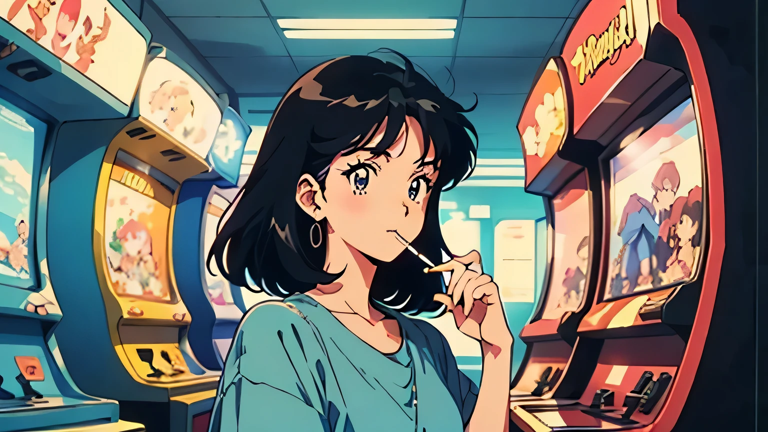 Retro arcade anime girl, 80s anime atmosphere , I'm studying 80s anime style, Retro Anime Girls, 1980's anime style, Retro anime images, anime atmosphere , Play a Game , smoking a cigarette, smoking