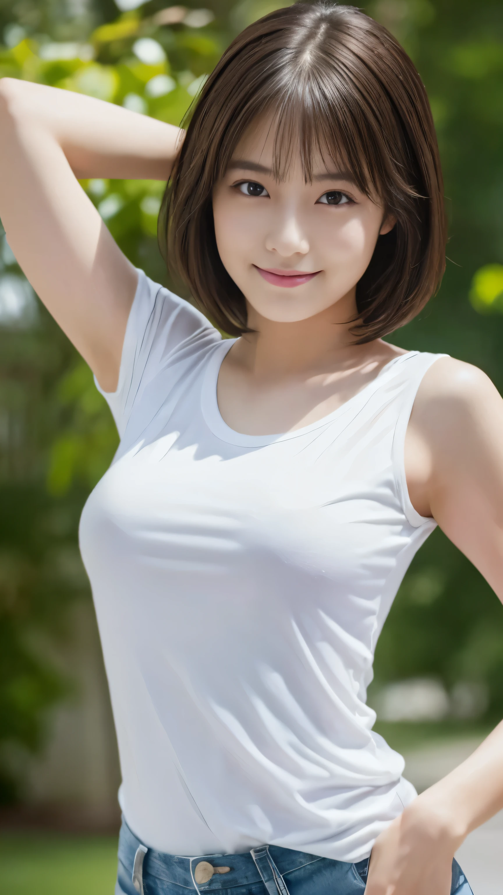 1 girl, Beautiful Japanese actresses, (RAW Photos, highest quality), (realistic, photorealistic:1.4), masterpiece, Very delicate and beautiful, Very detailed, wonderful, finely, Very detailed CG Unity 8k wall paper, Very detailed, High resolution, Soft Light, Beautiful detailed girl, Very detailed eye and face, Beautiful and detailed nose, Beautiful and detailed, looking at the camera、Perfect Anatomy, Slender body, smile, age 15, (big breasts:1.8、white t-shirt at the waist:1.5、short hair、Tight Waist、crotch visible)