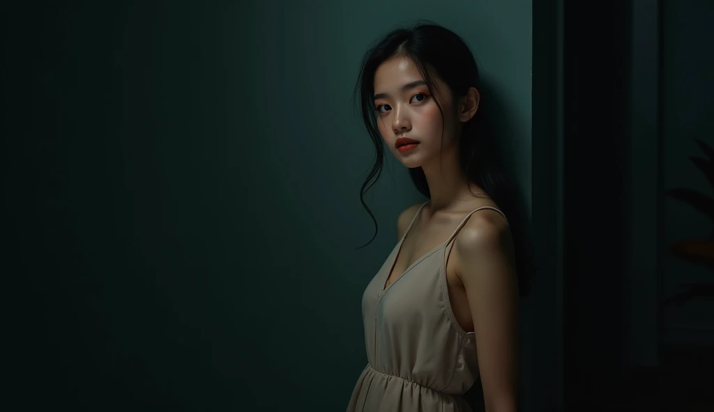 (Photoreal Stick:1.5, masutepiece:1.5, 8K), (top-quality, ​masterpiece, 超A high resolution), Perfect dynamic composition, Professional camera work:1.4, Highly detailed skin and facial texture:1.3, Mystical portrait:1.3, Grow Light Effect, The ultra-detailliert, 1girl in, ((Night view from inside the building, Pitch black room:0.8, The moonlight at night shines through the glass)), (v neck nightdress), Model body type, Clear face, (Beautiful and seductive eyes:0.8, Enraptured look:0.8, i love you completely:0.8), A mouthfeel that feels beautiful eros, Dark brown medium hair, the chest is medium, a necklace, (Leaning against the window, seductiv)