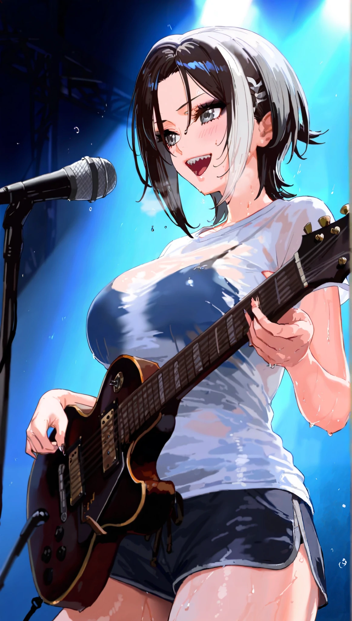 illustration , best quality , dramatic lighting , masterpiece , best quality , ultra-detailed , photorealistic depiction of rock concert . The character sings and playing guitar , on concert stage , her pose is dramatic and expressive , with a big smile and confident silver eyes . a good looking and alluring woman with short ombre black and white hair, layered hair styled with revealing her forehead in parted bangs, dark eyeshadow, perfect body, big breast, as she wears a wet t-shirts and shorts, singing to her audience , sweats wetting her clothes revealing her underwear and skin making the scene dramatic, (cowboy shot), (super sharp focus)